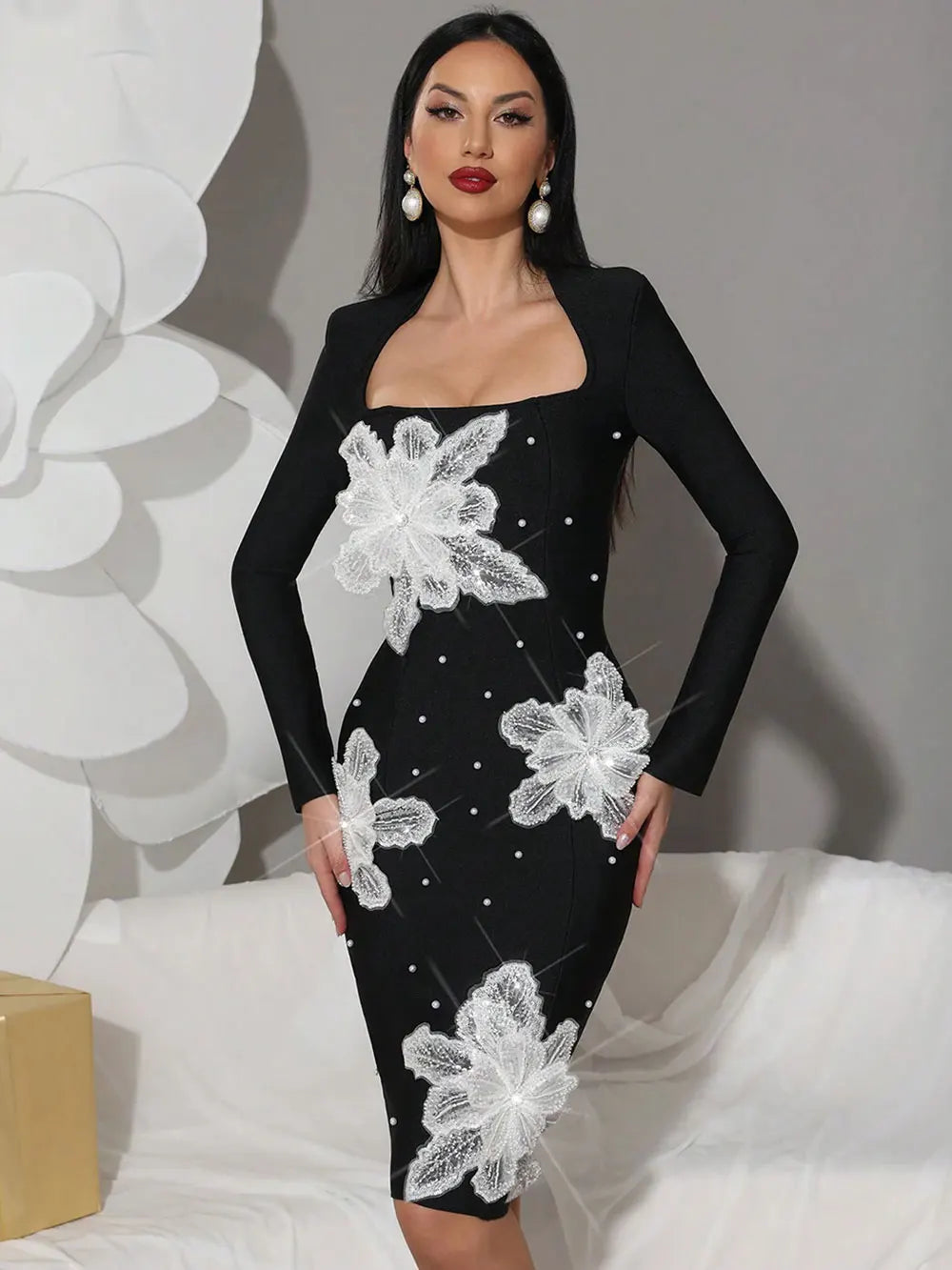 2025 Women's Light Luxury 3D Flower Design Bandage Dress Square Neck Long Sleeve Bodycon Flute Dress Evening Club Party Vestidos black