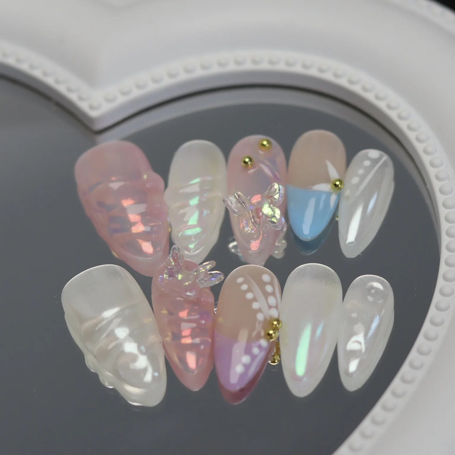 10Pcs Sweet Dreamy Almond Nails Press Ons Aurora Pink False Nails with Glue 3D Wave French Full Cover Acrylic Nail Manicure Tips 2 S