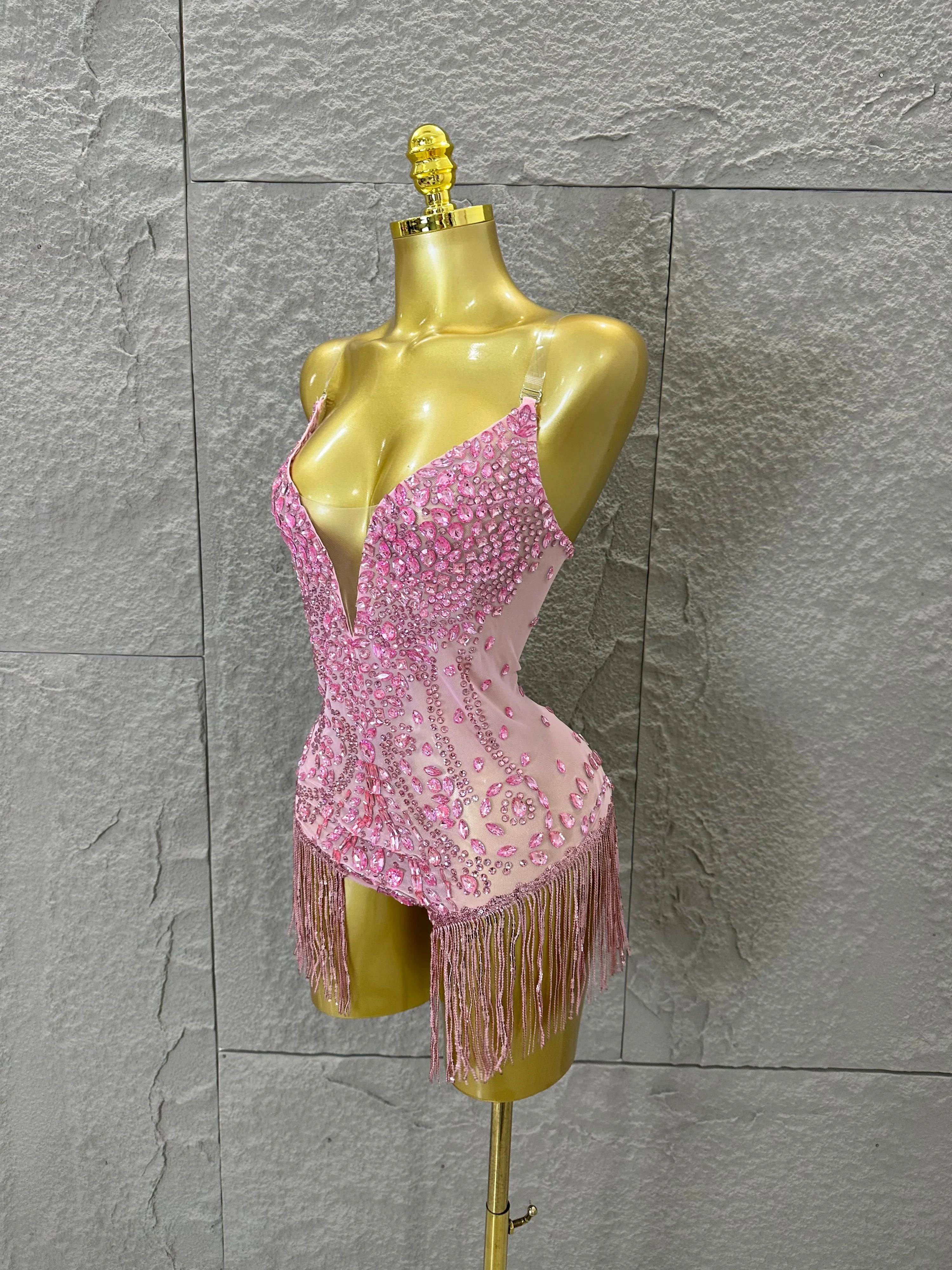 Pink Spaghetti Strap Bodysuit Women Sexy Deep V Neck Sheer Mesh Crystal Embellished Fringe Form-Fitting Formal Event Outfit