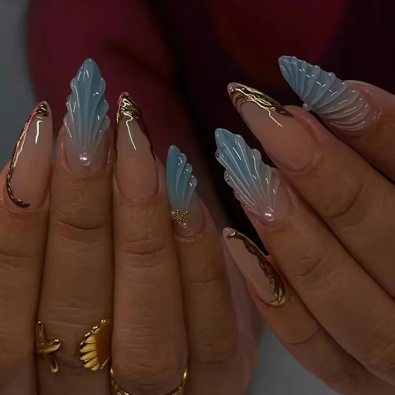 24pcs Blue Ocean Fake Nails Beach Shells Pearl Diamond Design False Nail Tips Korean Sweet Girls Wearable Almond Press on Nails 4