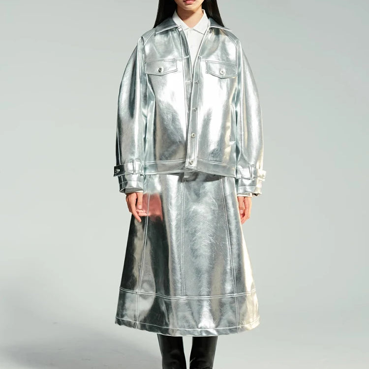 Lautaro-Women's Shiny Patent Faux Leather Jacket with Raglan Long Sleeve, Luxury Designer Clothing, Spring, Autumn, Silver, Y2K