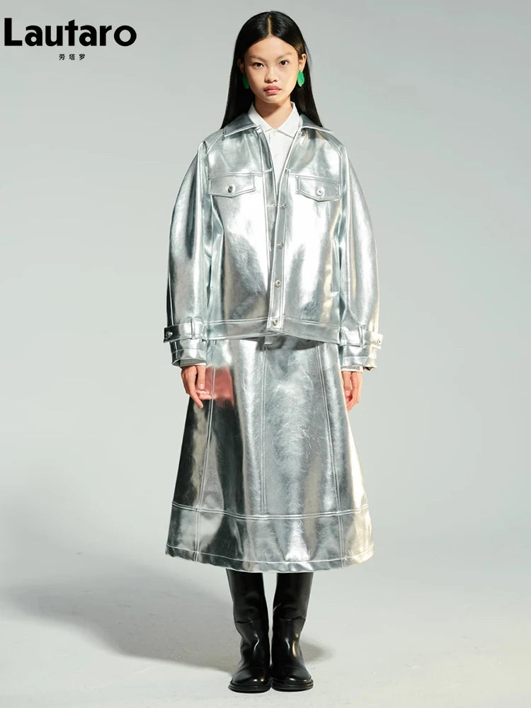 Lautaro-Women's Shiny Patent Faux Leather Jacket with Raglan Long Sleeve, Luxury Designer Clothing, Spring, Autumn, Silver, Y2K