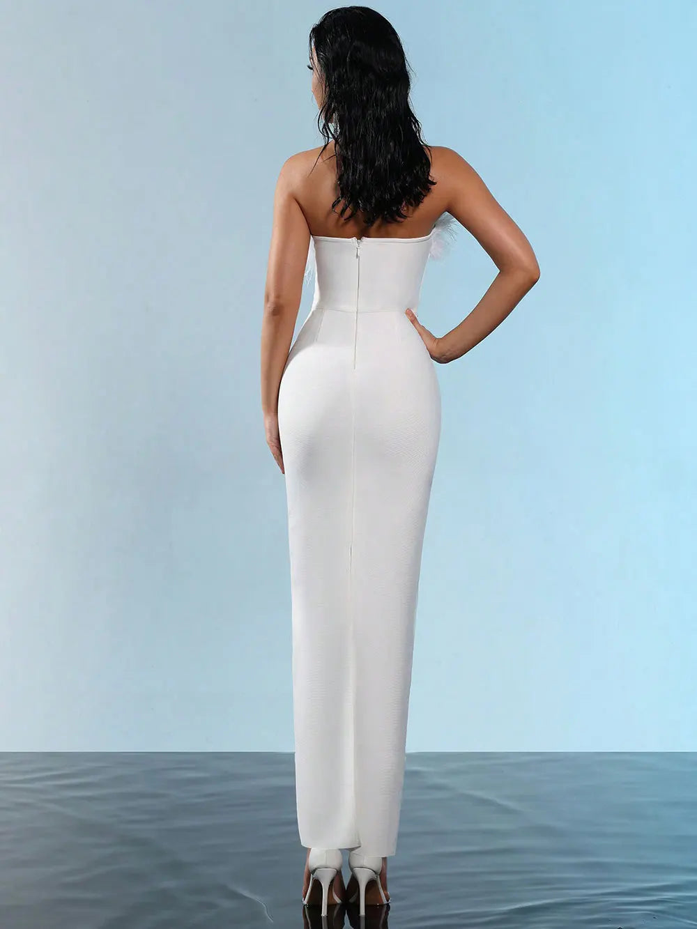 2025 Spring Sexy Women Feather Design Bandage Dress Strapless Sleeveless Bodycon Backless Long Dress Evening Club Party Vestidos