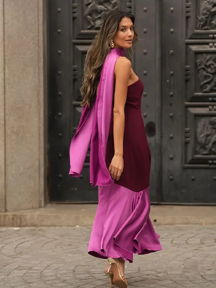2025 Chic Purple Shawl Collar Off Shoulder Maxi Dress Fashion Contrast Spliced Pleated Hem Backless Robe Lady New Party Dresses