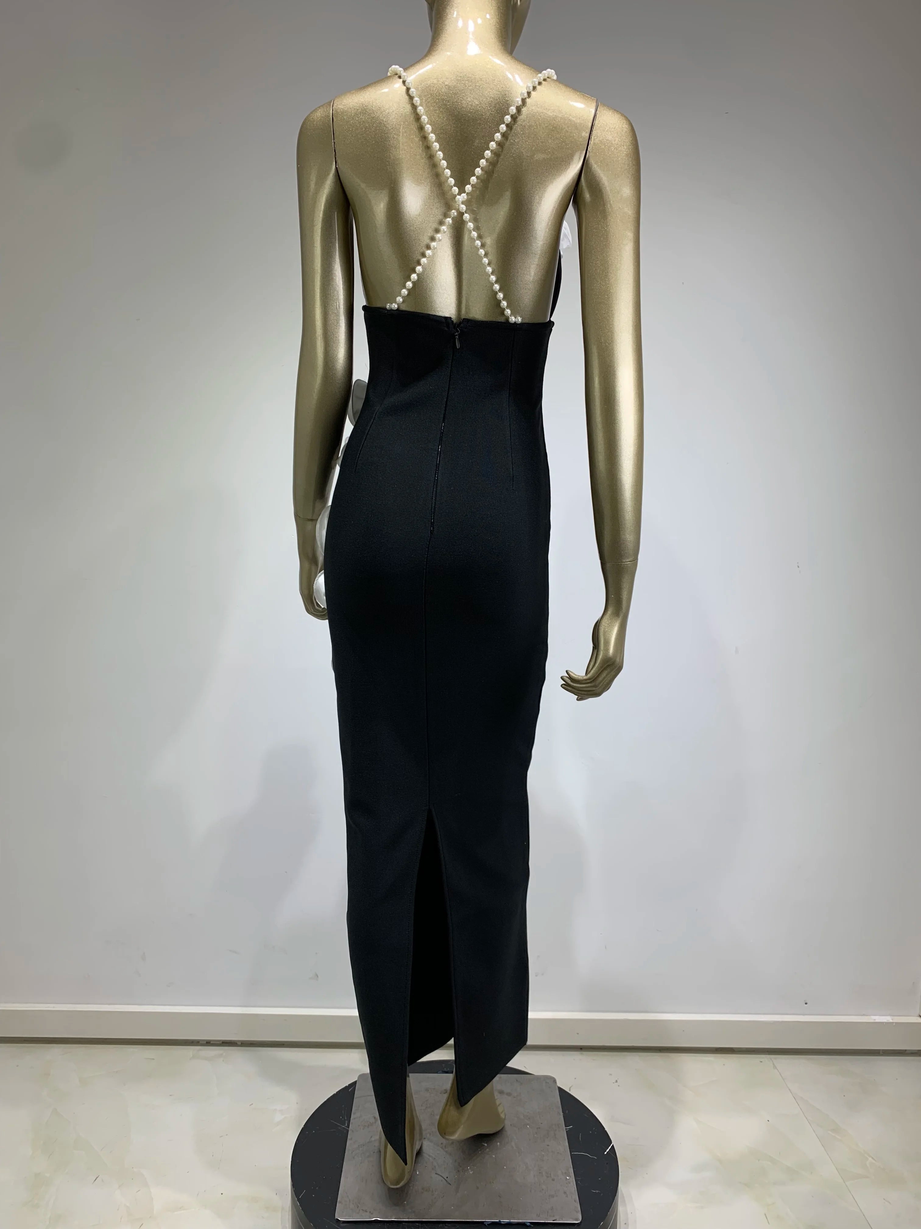 Women Celebrity Sexy Backless Pearl Black Flower Patchwork Maxi Long Bodycon Bandage Dress 2024 Elegant Evening Club Party Dress