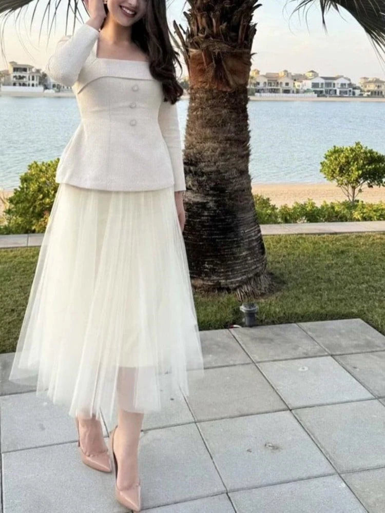 Solid Two Piece Set For Women Diagonal Collar Long Sleeve Tunic Top High Waist Pleated Skirt Elegant Sets Female