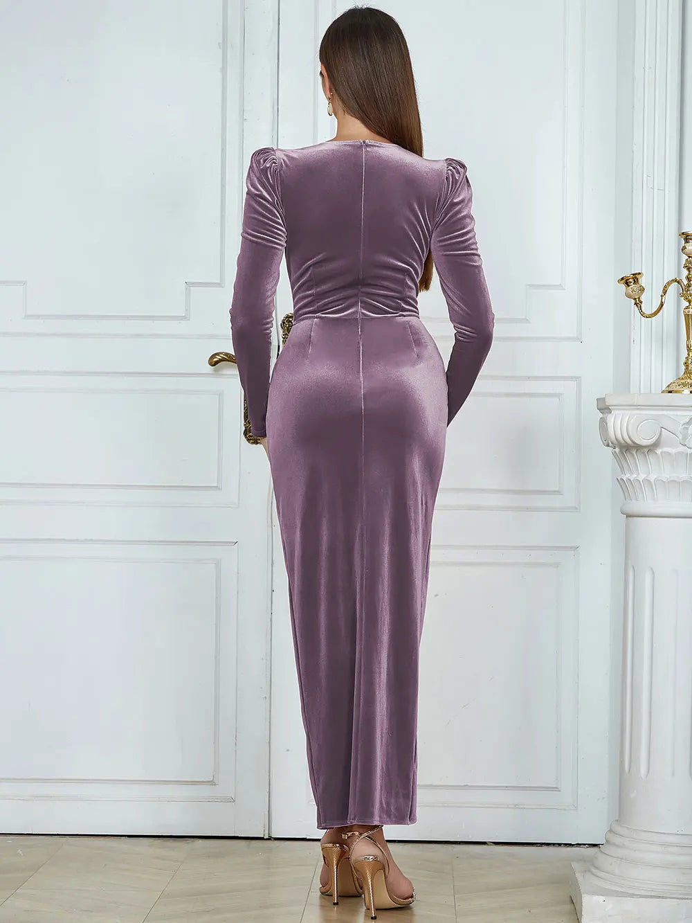 2025 Spring Elegant Women's Velvet Dress O-neck Long Sleeve Bodycon Draped Split Body Long Dress Celebrity Evening Party Vestido