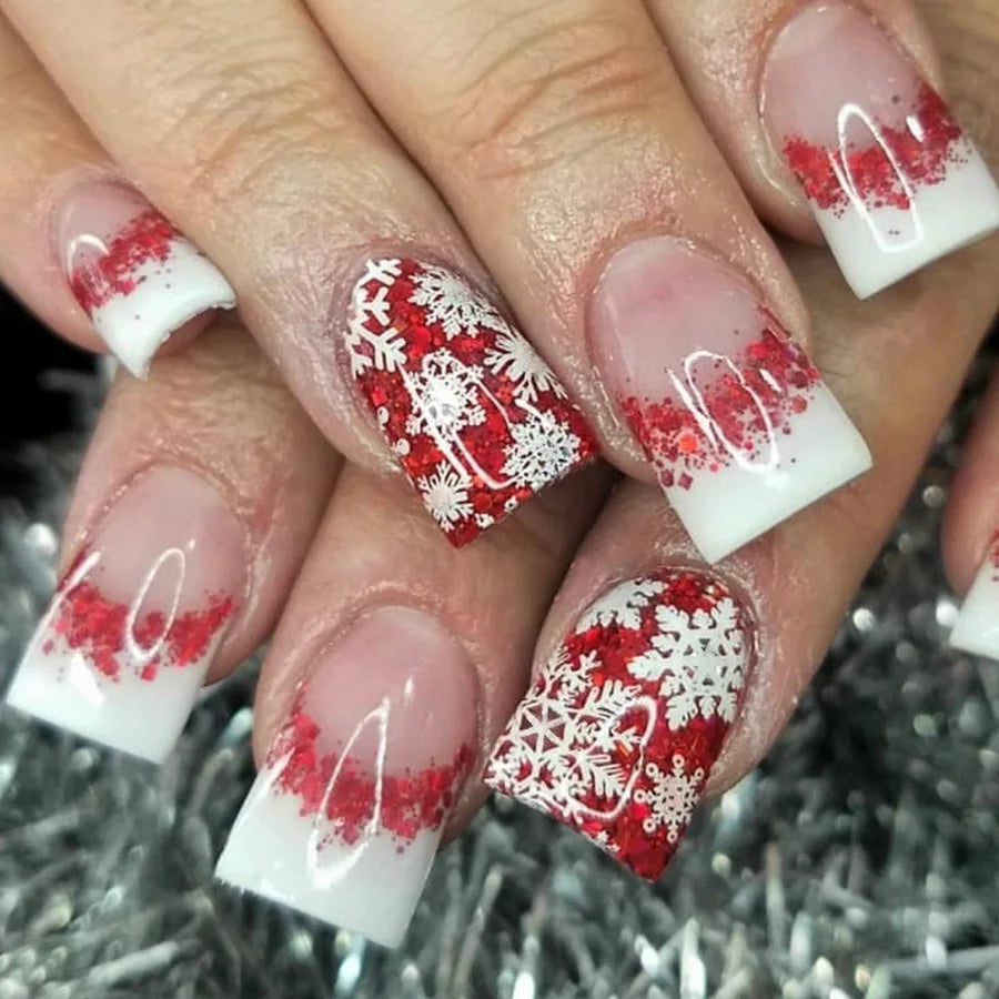24pcs/set short fake nails for Christmas Square ballet winter false nail tips snow flakes christmas tree snowman press on nails 1623