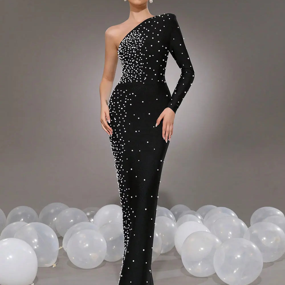 2025 Elegant Women Light Luxury Nail Bead Bandage Dress with Slant Neck Single Shoulder Sleeve Bodycon Black Long Dress Vestidos