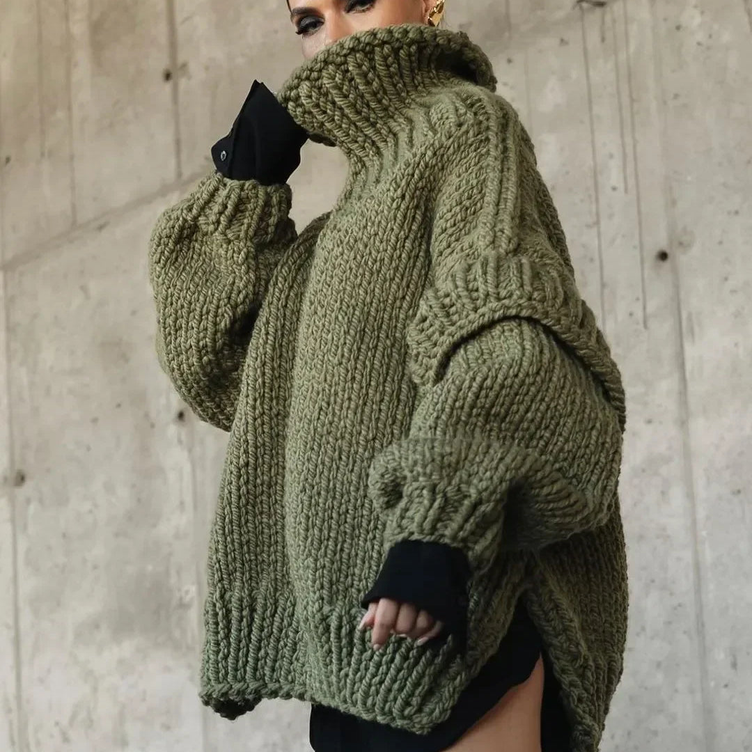 Solid Knit Turtlrneck Double Lantern Sleeve Women Pullover Thick Warm Oversized Loose Top Sweater 2023 Fall Winter Chic Knitwear CYD8654-AG