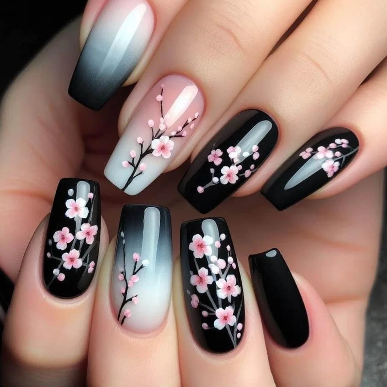 24Pcs Black Gradient Fake Nail French Ballerina Mid-length Press on False Nails Plum Blossom Design Detachable Finished Manicure 2