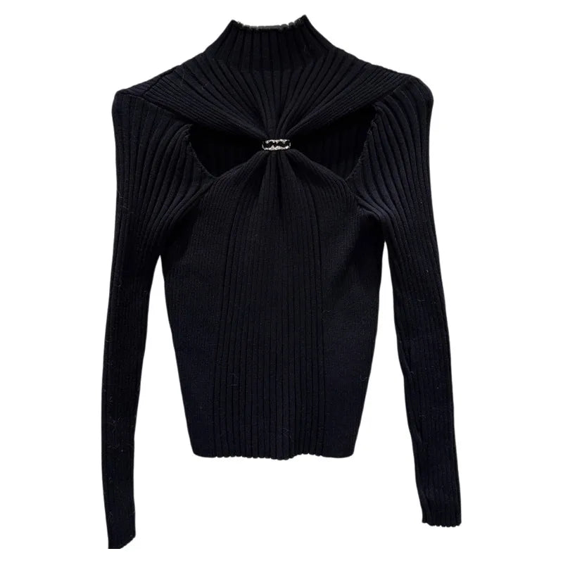 Winter New Fashion Style Detachable Buckle Hollow Design Slim Knitted Sweater For Women Solid Color Top 11A07641