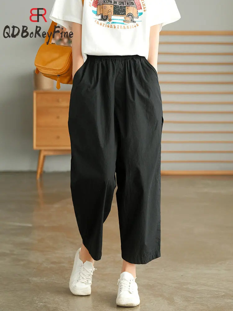 Women Summer Pants New High Waist Wide Leg Retro Cropped Trousers Casual Loose Baggy Cotton Linen Pants for Women Bottoms