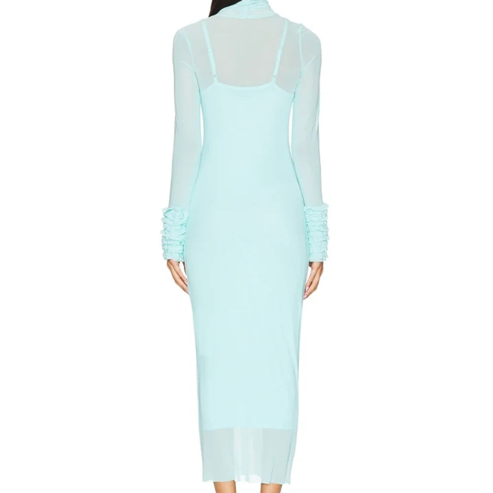 Sexy Turtleneck Ruffle-Cuff Mesh Tight Long Dress Women Long Sleeves Ruffles Bodycon Midi Dresses Evening Party Cocktail Club