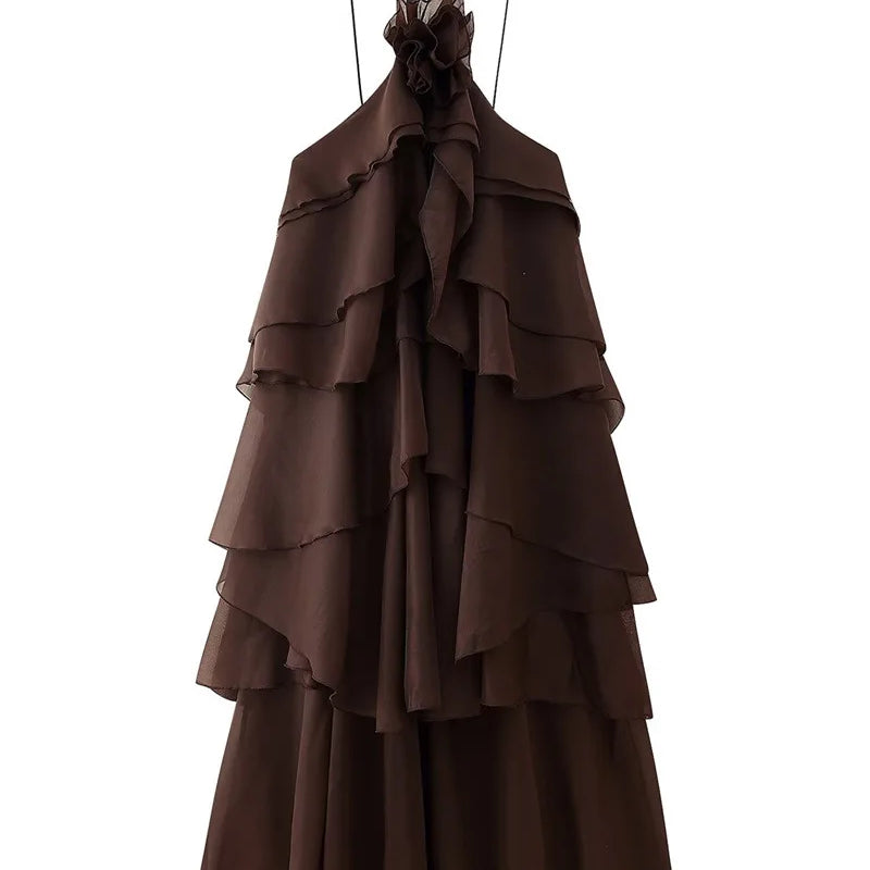 Women Sleeveless Ruffles Loose Ball Gown Smock Strap Maxi Long Sexy Dress 2025 Birthday Vacation Party Dresses Vestidos Dark Brown