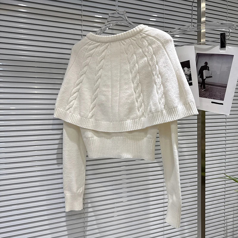 Winter New Elegant Sweet Twist Shawl Fake Two-Piece Knitted Sweater For Women Solid Color Versatile Tops 11A07507