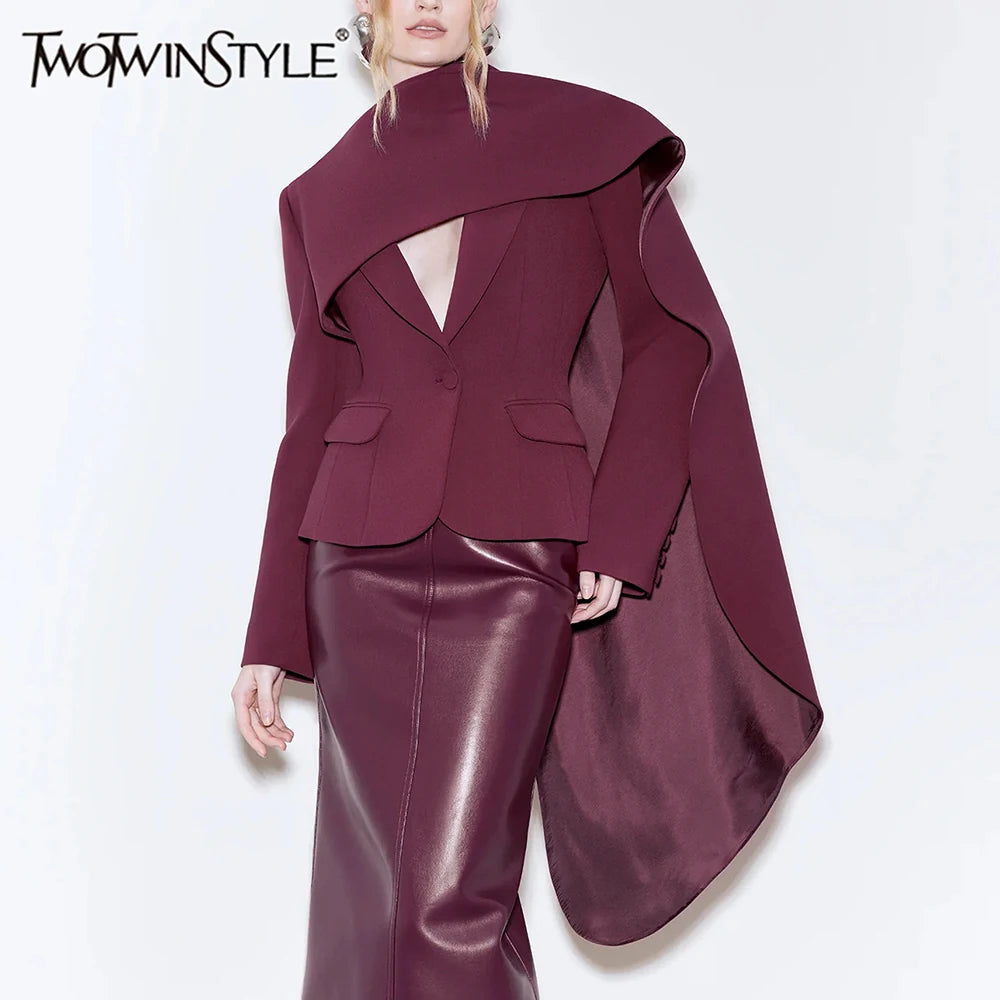 Solid Slimming Blazer For Women Scarf Collar Long Sleeve Tunic Patchwork Button Elegant Coat Female Fashion Clothes