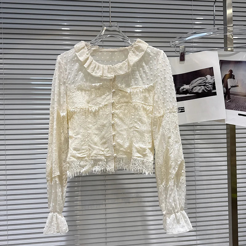 Winter New Fashion Sweet Pearl Button Patchwork Design Lace Blouse For Women Versatile Small Shirt Female 11A07895