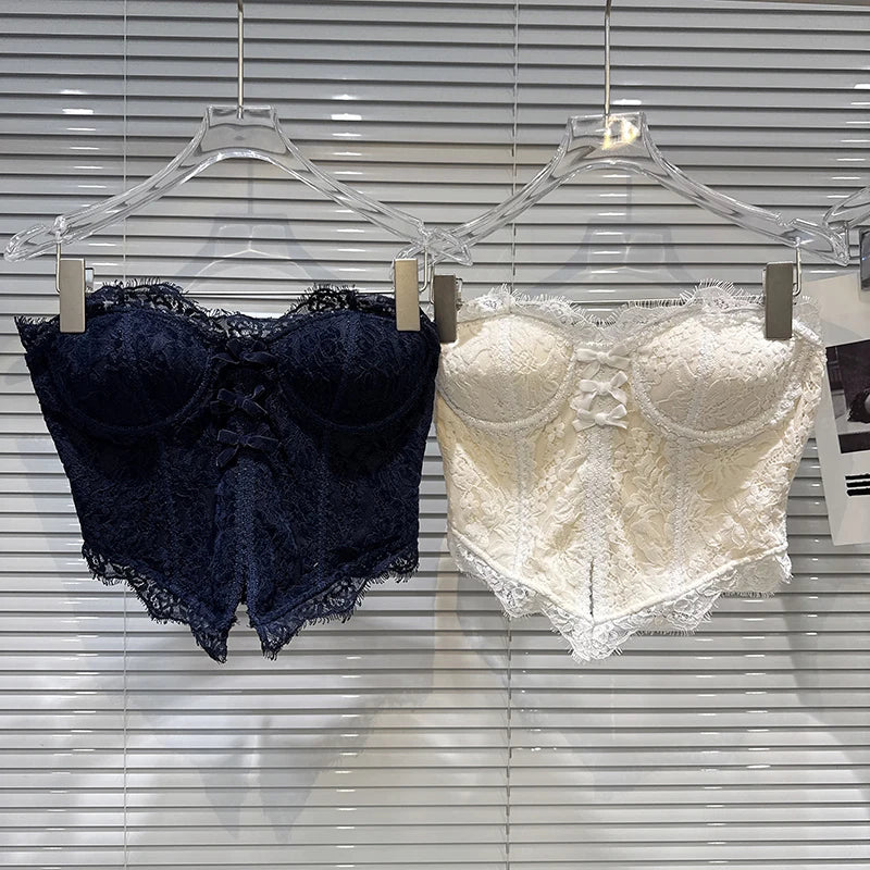 DEAT 2026 Spring New Fashion Sweet Bow Lace Edge Fishbone Chest Pad Strapless Vest For Women Backless Tank Tops Female 11A07820