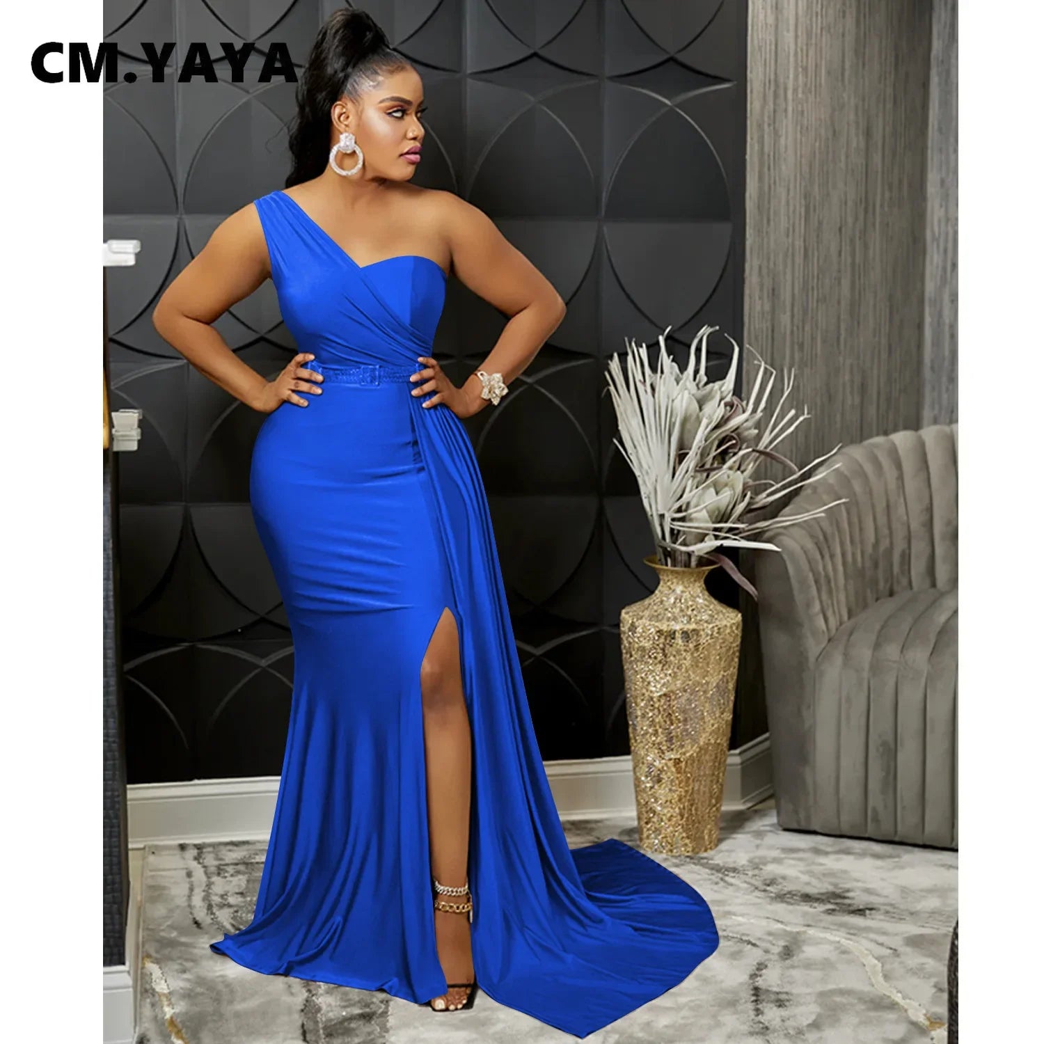 One Shoulder Skew Neck Tassel Side Floor Length Mermaid Long Maxi Dress Women 2022 Sexy Party Club Even Prom Dresses Blue