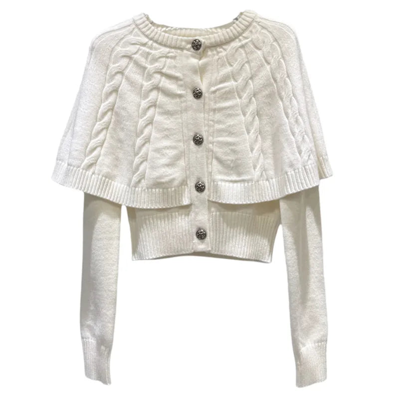 Winter New Elegant Sweet Twist Shawl Fake Two-Piece Knitted Sweater For Women Solid Color Versatile Tops 11A07507