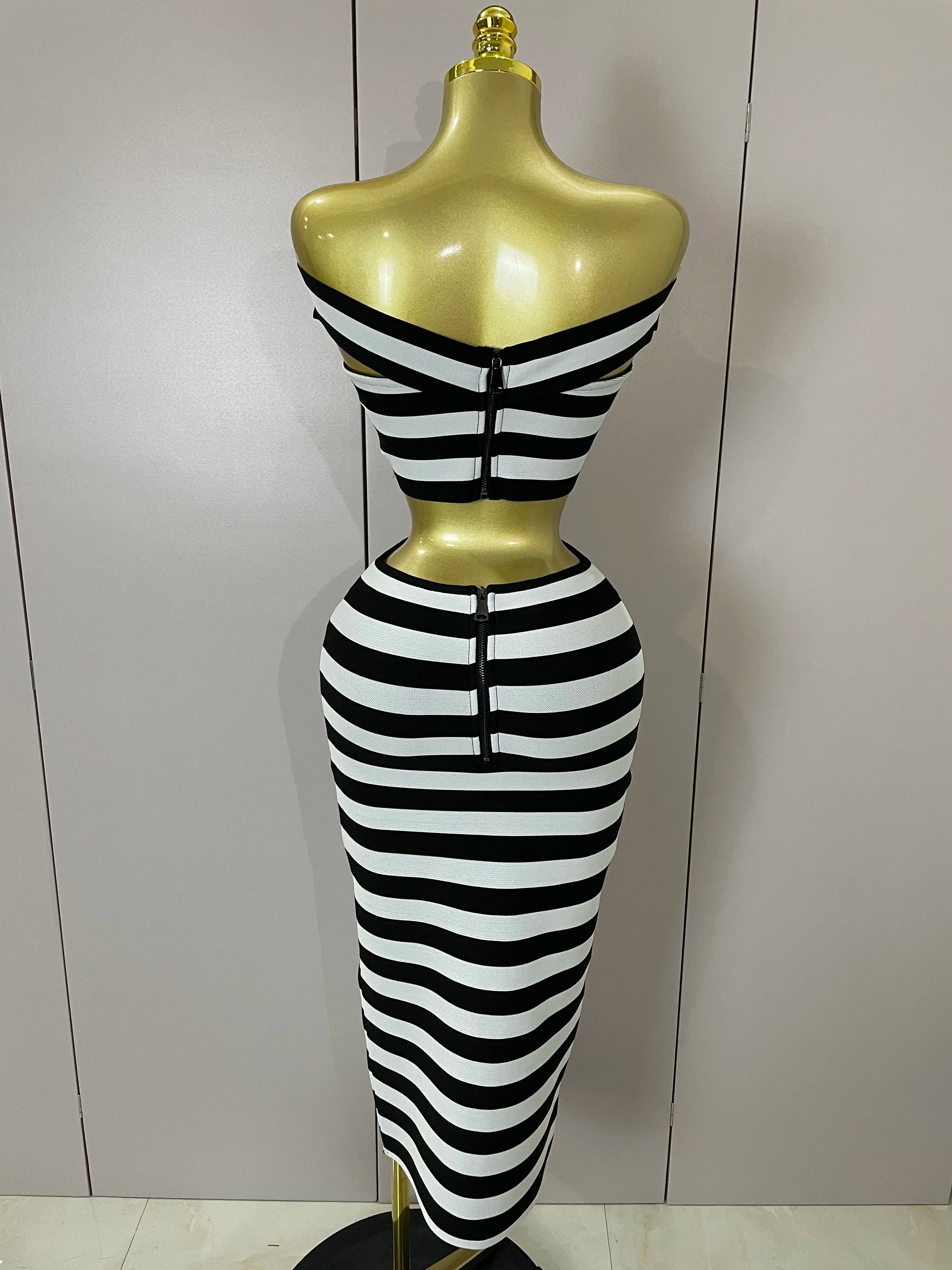 Sexy Off Shoulder Striped Button Two Piece Mini Bandage Set 2025 Women Celebrity Designer Evening Party Luxury Birthday Outfit