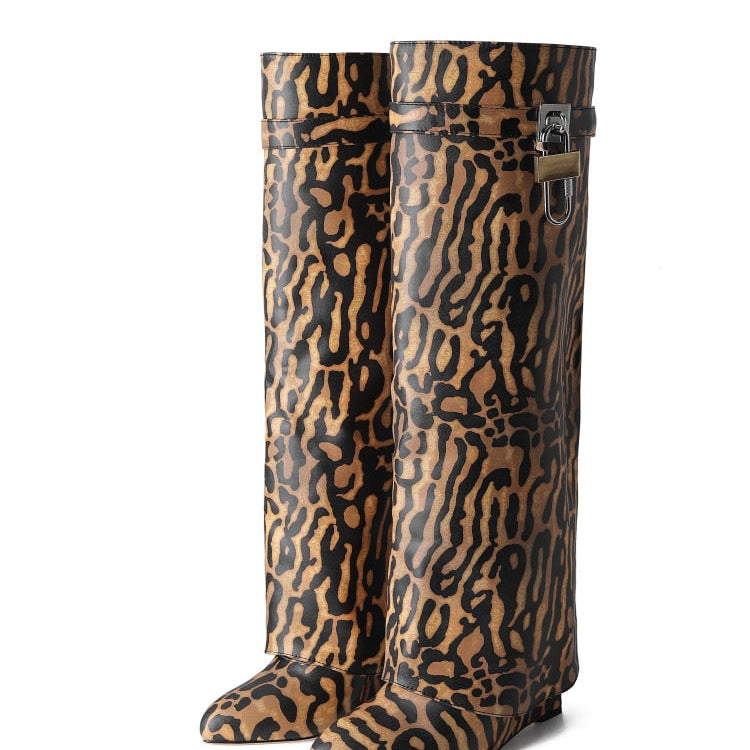 Women's Knee High Boots Shark Lock Long Thick Soled High-heeled Boots Designer Luxury Brand Women's Leather Boots Leopard print pu