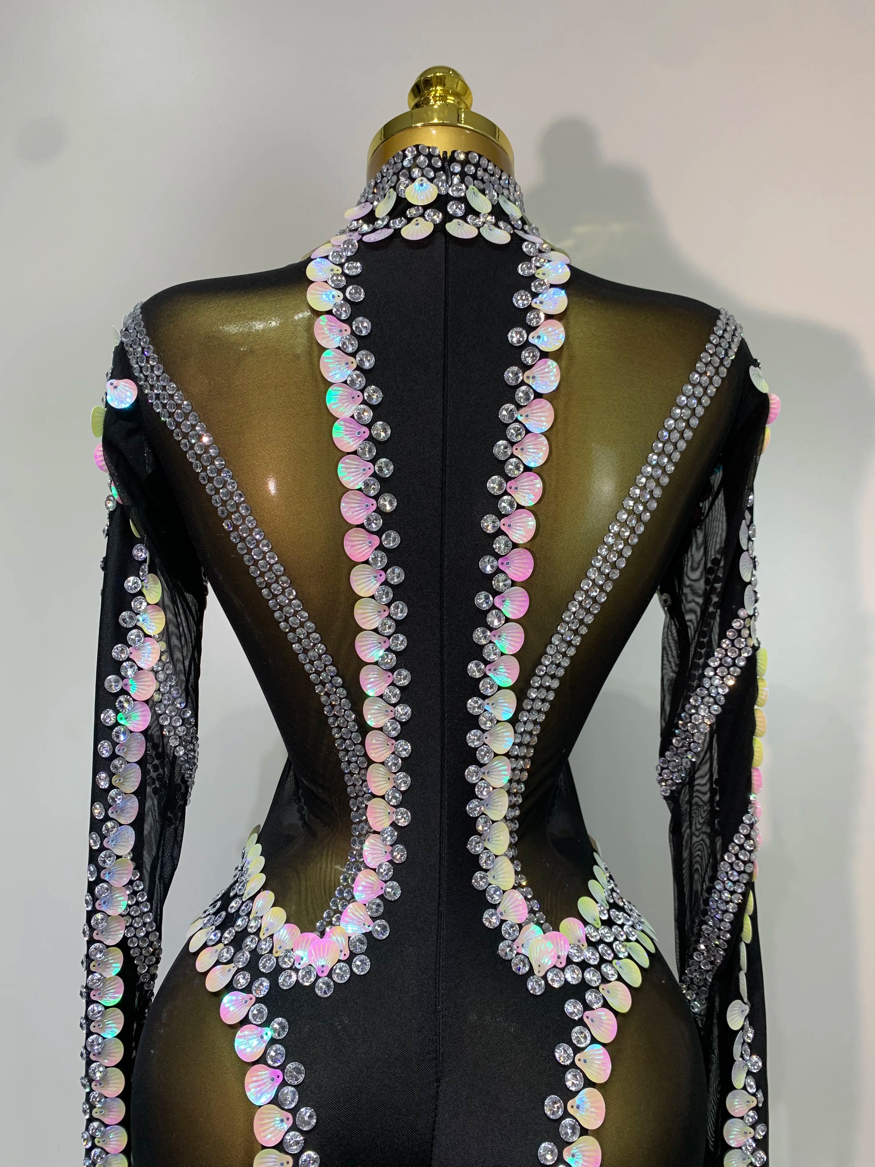 Women Sexy Long Sleeve Sparkly Crystal Sequin Mesh Jumpsuit Nightclub Cos Party Dancer Performance Costume Stage Outfit
