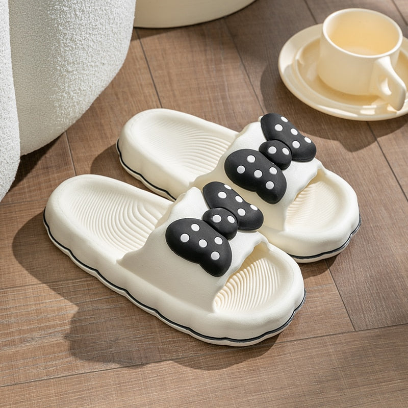 Slipper Women Men Summer Thick Bow Tie Slippers Women Indoor Home Sandals Couples Bathroom Slides Non-slip Soft House Slippers