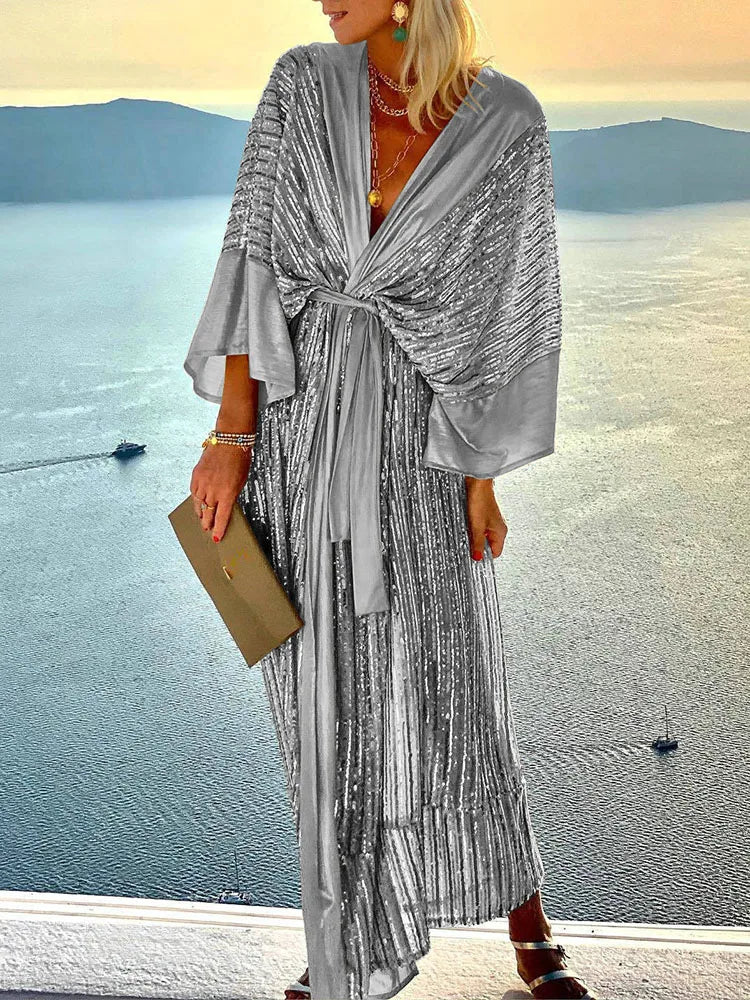 2022 Women Beach Style Three Quarter Batwing Sleeve Holiday Dress V-Neck Sequin Lace-Up Summer Patchwork Ladies Maxi Party Dress 03 Silver