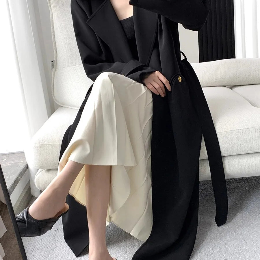 Lautaro Spring Autumn Long Black Trench Coat for Women Gold Buttons Double Breasted Elegant Chic Luxury Designer Clothes 2025