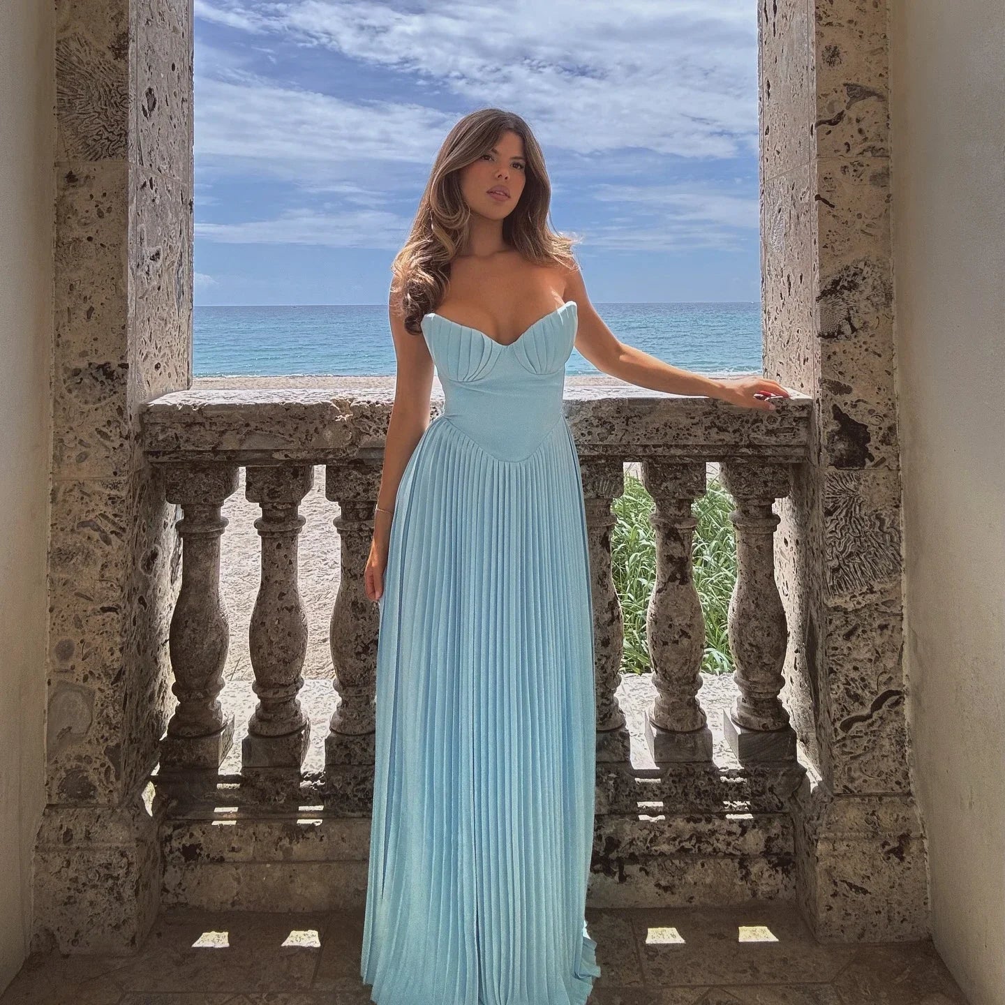 Suninheart Summer Sexy Strapless Dresses Women 2024 New Arrivals Elegant Pleated Dress Maxi Bustier Corset Party Dresses Club Blue