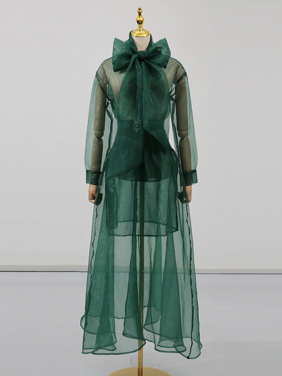 Solid Sheer Two Piece Sets for Women Round Neck Long Sleeves Spliced Bowknot Top High Waist Skirt Set Female New GREEN