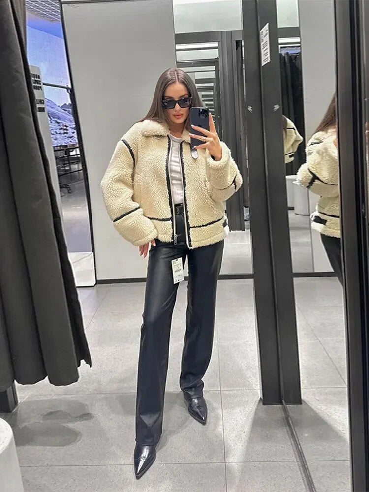 Suninheart Autumn and Winter Faux Fur Jacket with Zipper Women Long Sleeve Warm Jackets Coat Casual Lapel Cold Coat High Quality