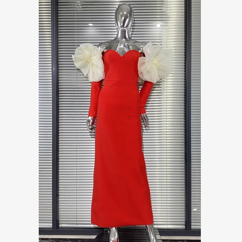 2025 Stereoscopic Flower Sexy Off The Shoulder Ankle Lenght Bandage Dress Woman Birthday Party Vestido Celebrity Party Outfit