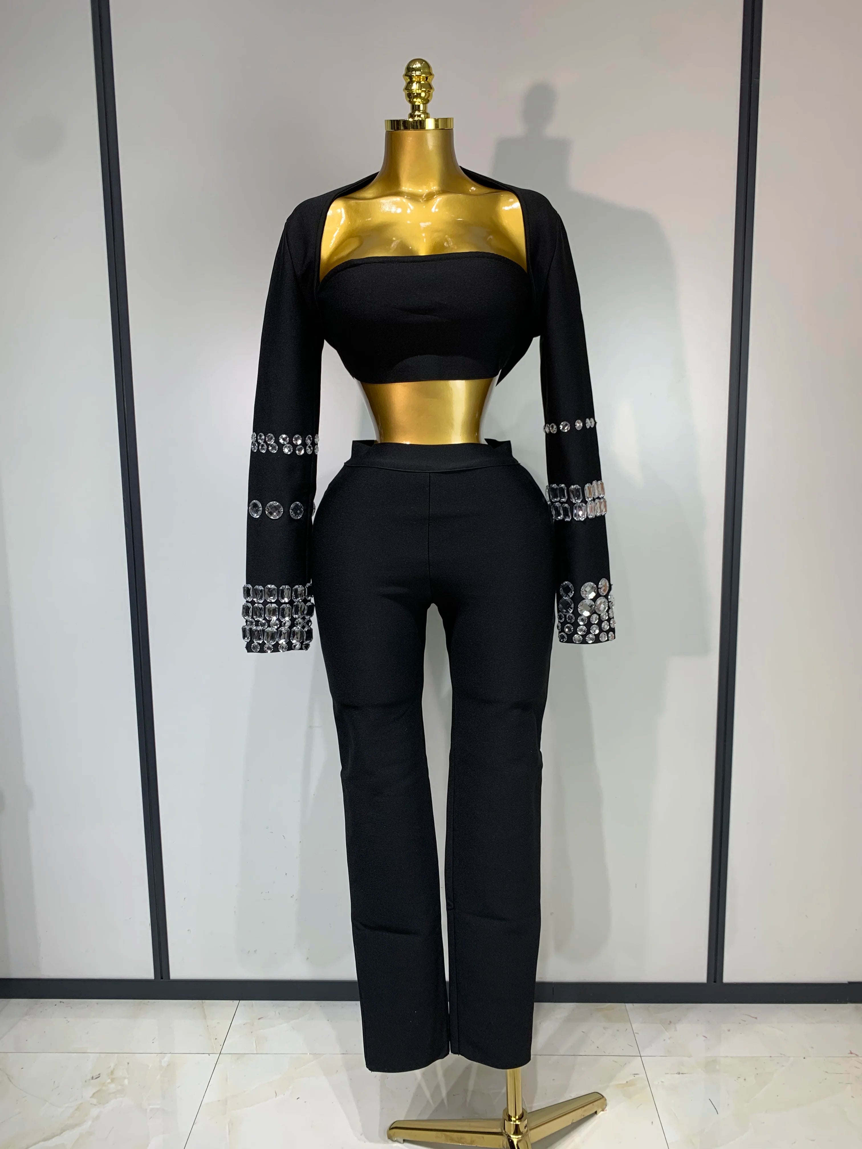 Women Celebrity Sexy Long Sleeve Beading Black Bodycon Bandage Three Piece Set Elegant Evening Club Party Birthday Outfits black