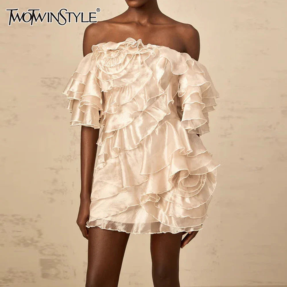 Solid Slimming Spliced 3D Flowers Mini Dresses for Women Slash Neck Off Shoulder Patchwork Ruffles Dress Female New