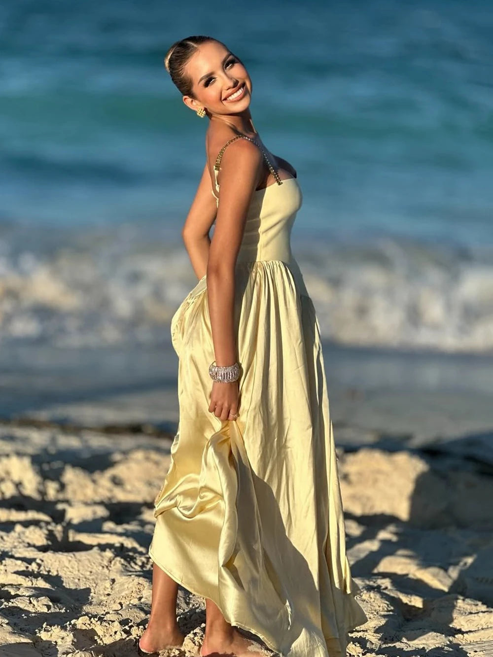 2025 Spring Women's Strap Chain Sleeveless Long Dress Fashionable Slimming Hundred Fold Elegant Dresses Evening Party Vestidos