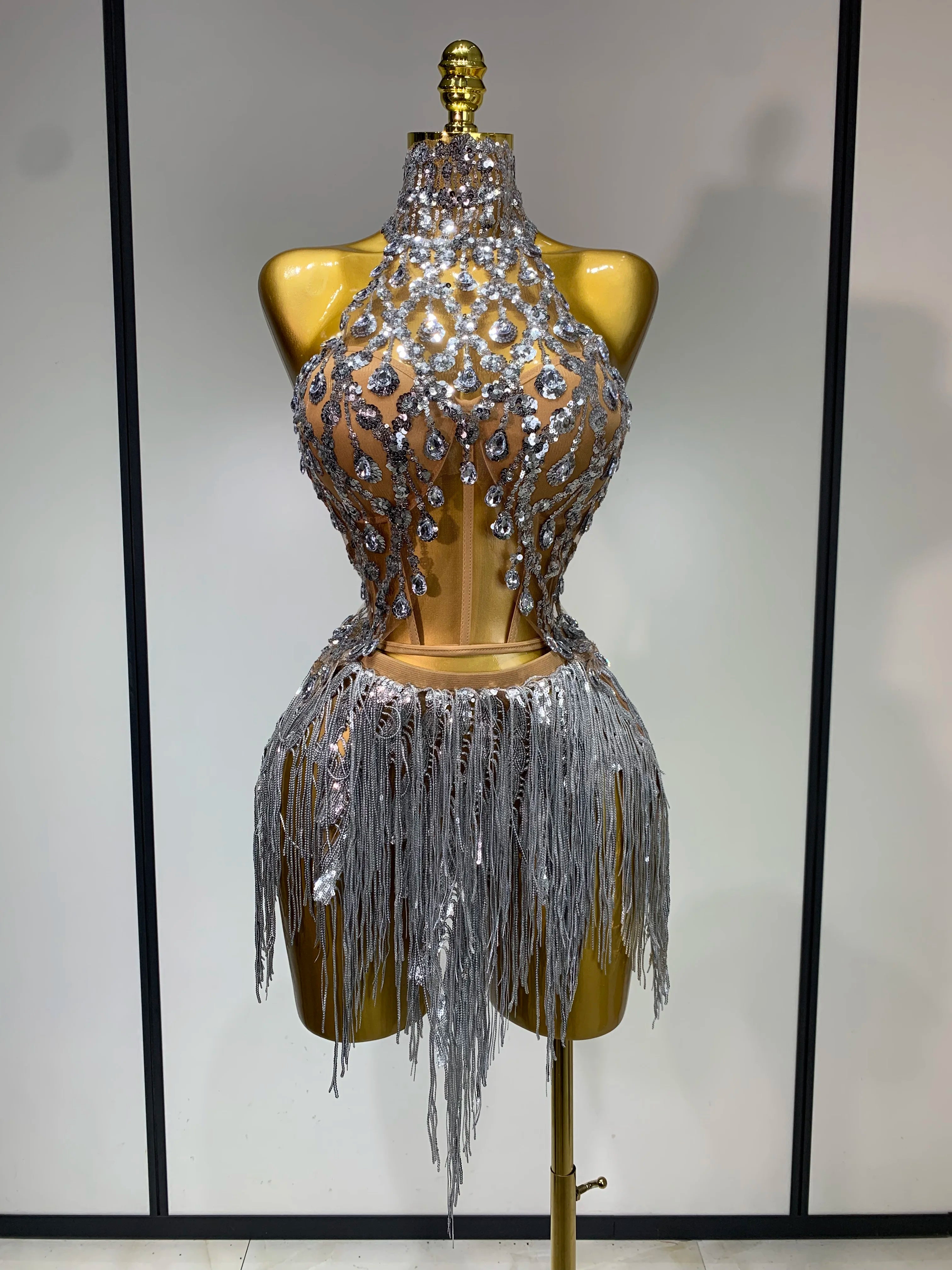 Women Sexy Shinning Rhinestone Tassels Two Pieces Set Nightclub Evening Party Birthday Bar Dancer Performance Stage Costume Silver