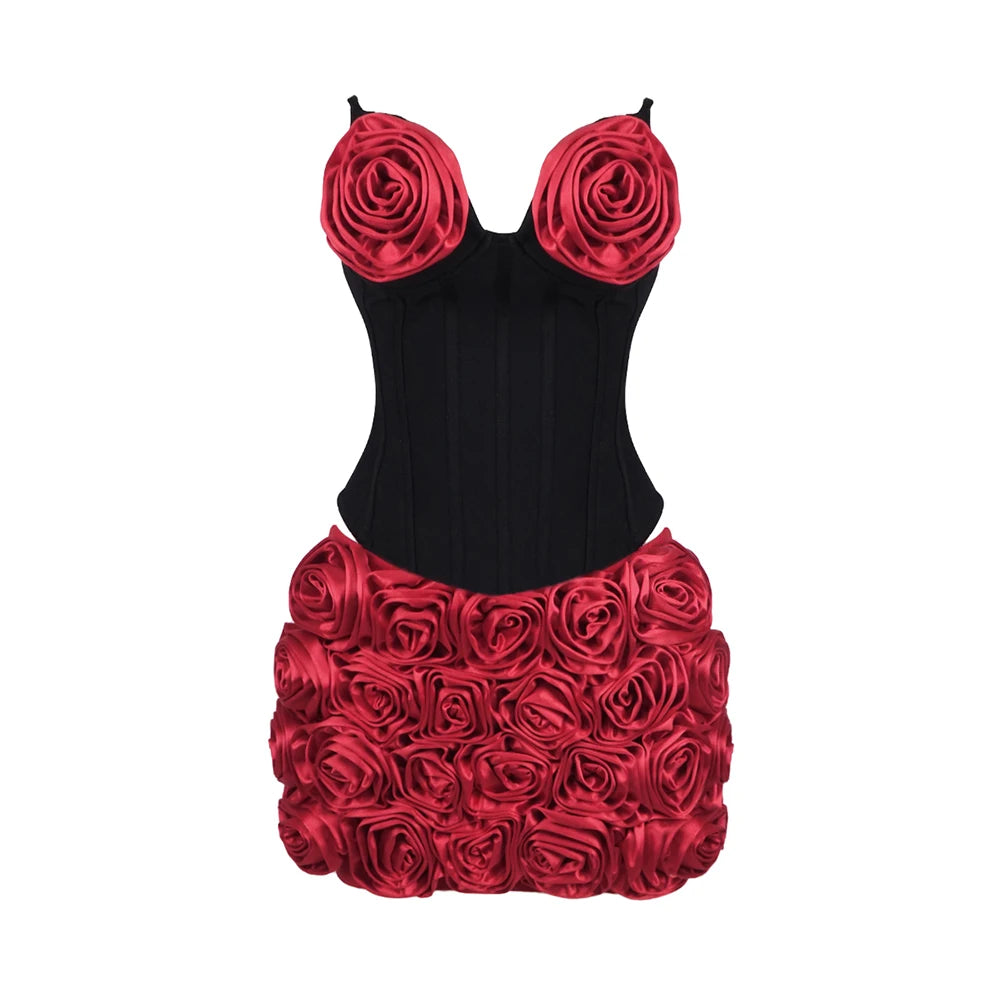 Stereoscopic Red Flower Woman Set Strapless Top And Mini Dress 2 pieces Fashion Woman Evening Party Dress Birthday Party Outfit