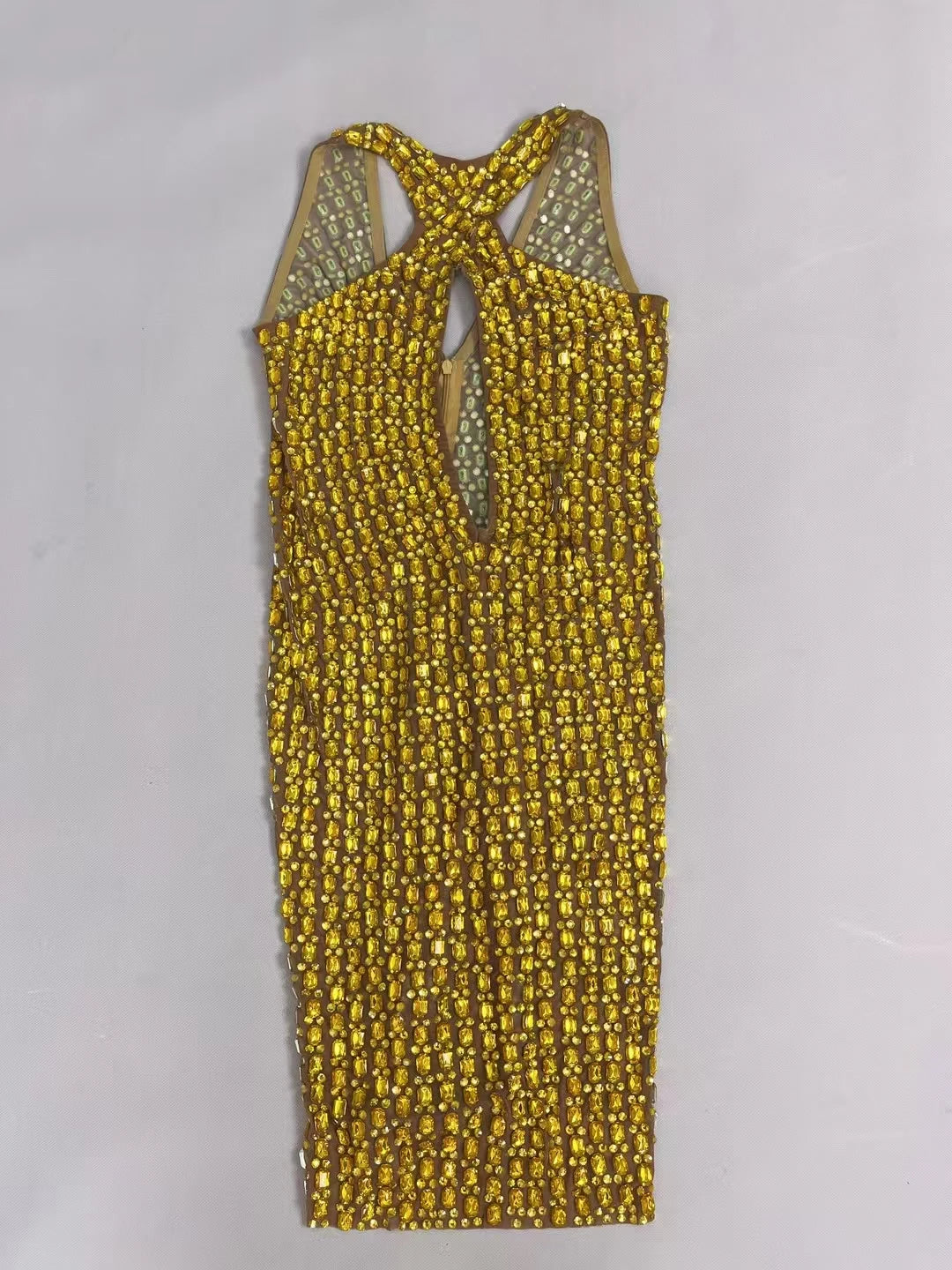 New Sexy Hollow out Mini Dress Women's Bodycon Wrap Dress Birthday Party Sparkly Golden Rhinestone Club Evening Dress liusixian