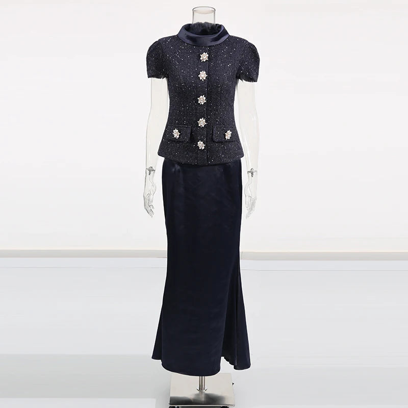 Solid Slimming Two Piece Sets for Women Round Neck Short Sleeves Spliced Button Top High Waist Skirt Set Female New