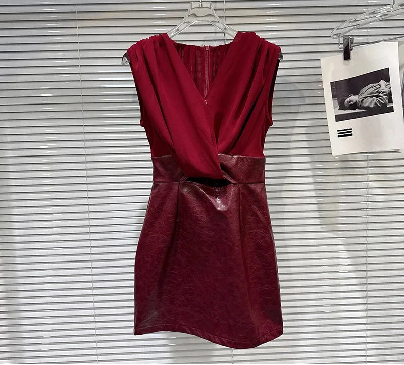 Winter New Fashion V-neck Twist Spliced PU Leather Design Vest Dresses For Women Evening Party Slim Fit Dress 11A07738