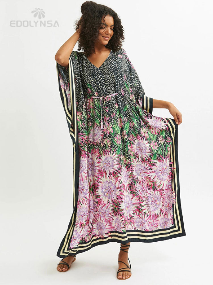 Plus Size Multicolored Loose Dress Cotton Tunic Women Large Size Beach Wear Kaftan Bohemian Printed Loose Beach Dresses Q1088-1084 One Size