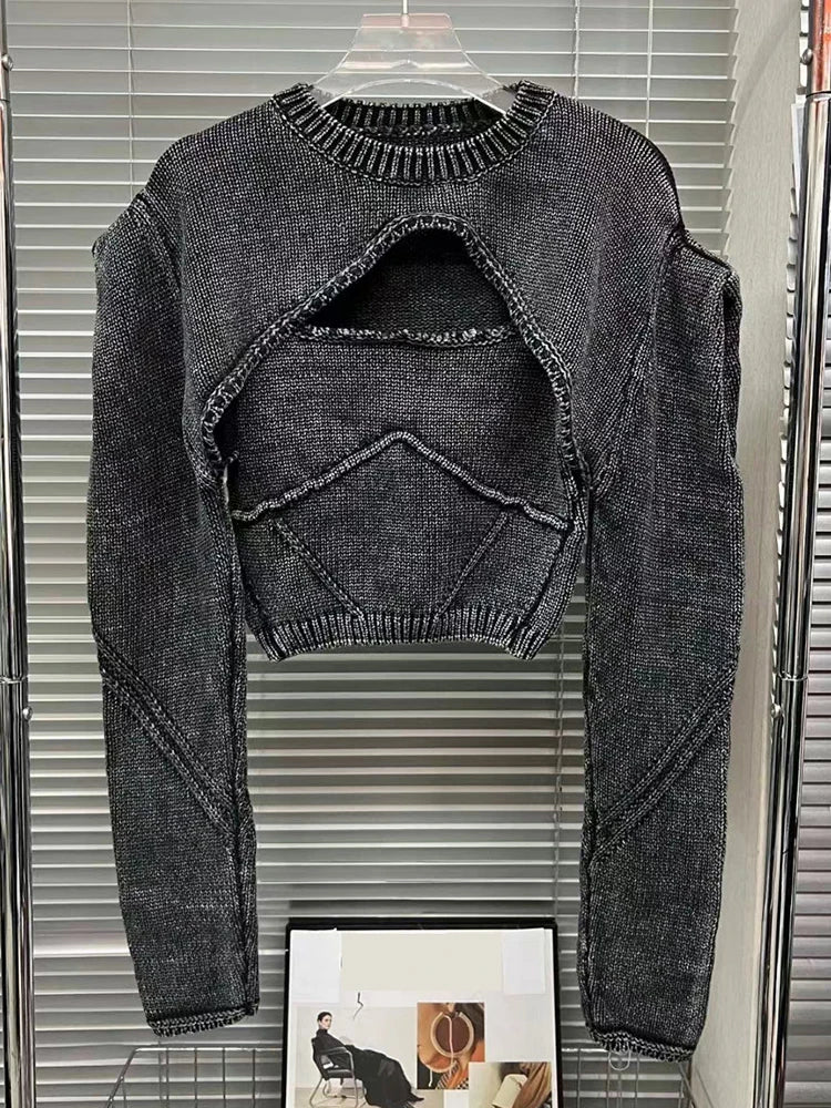 Streetwear Denim Two Piece Set Womens Square Collar Sleeveless Tanks O Neck Long Sleeve Tops Knitting Female Sets Black