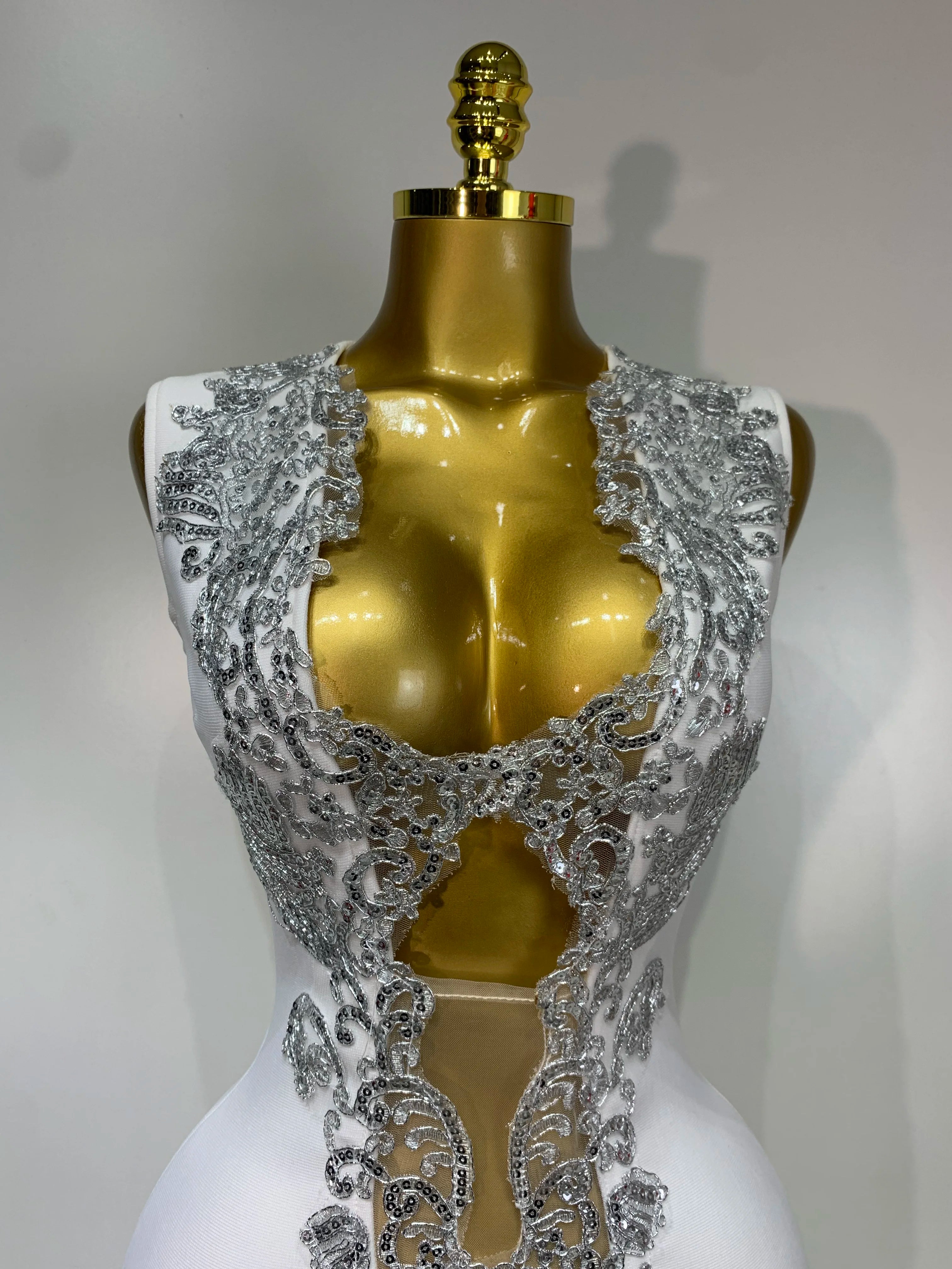 Women 2025 Sexy V Neck Cut Out Short Bandage Dress Silver Sequin White Elegant Luxury Birthday Party Club Wedding Vestidos