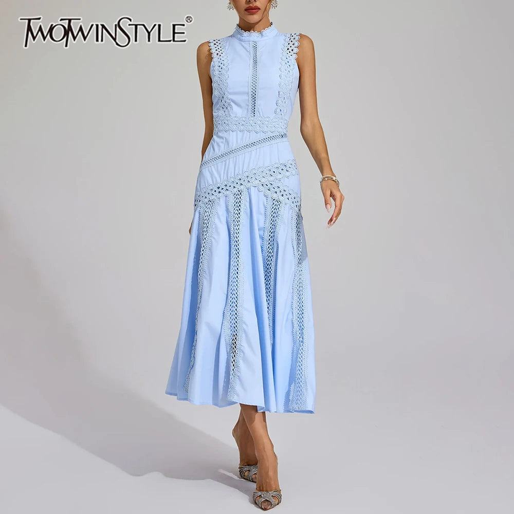 Solid Slimming Spliced Hollow Out Dresses for Women Round Neck Sleeveless Patchwork Lace Dress Female Clothing New