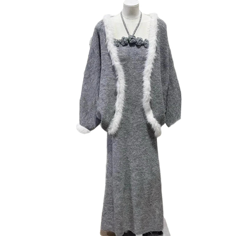 Winter New Fashion Spliced Furry 3D Flower Sweater Coat Evening Party Knitted Dress Two-Piece Set For Women 11A07912 Gray One Size