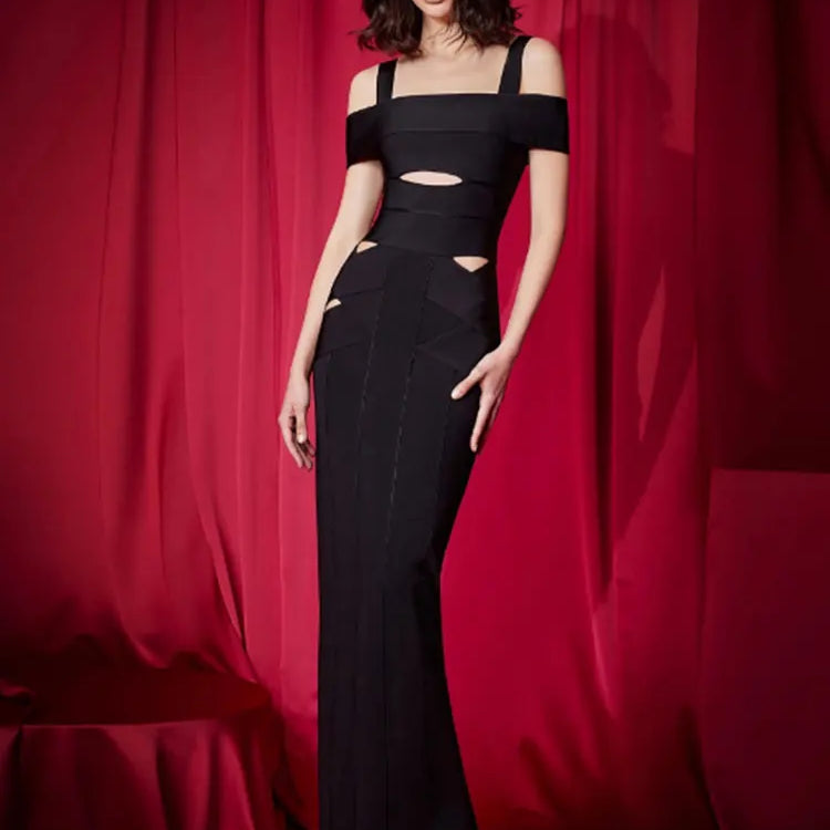 2025 Sexy Women's Hollow Design Bandage Dress Spaghetti Strap Shoulder Sleeve Bodycon Long Dress Cocktail Evening Party Vestidos