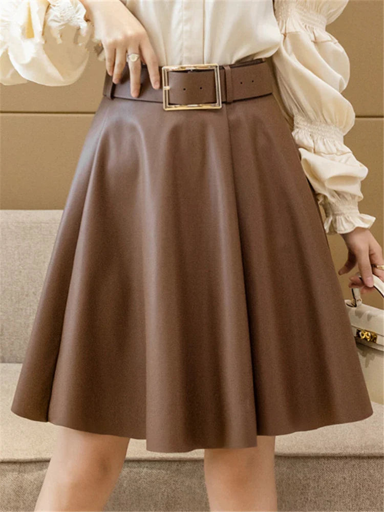 REALEFT Women's PU Leather Skirts With Belted 2022 New Fashion Solid Color High Waist Casual Short Ladies A-Line Skirts Female Coffee